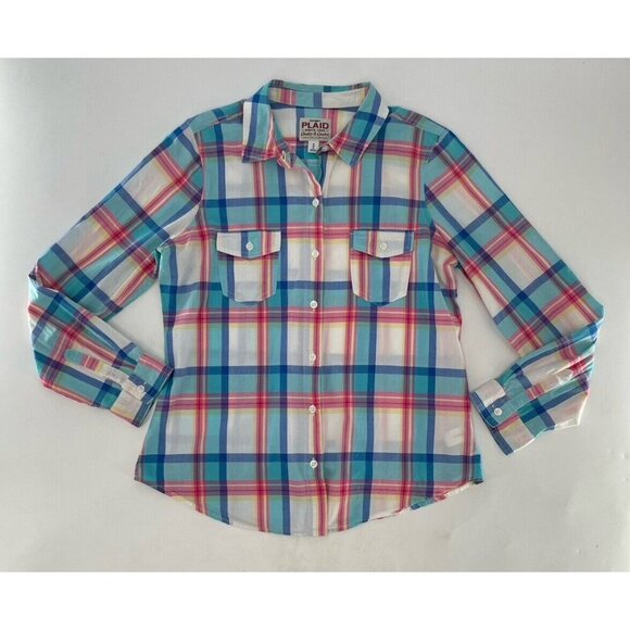 Old Navy Women’s Plaid Lightweight Collared Button Up Blouse Sz Medium - Picture 2 of 10